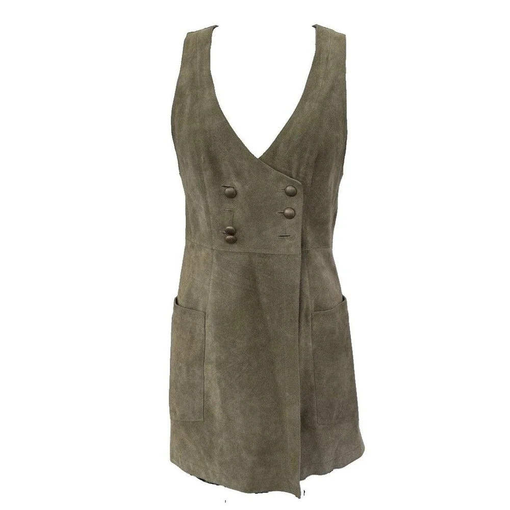Free People Suede Mini Dress Women Sz 4 Green Genuine Suede Boho Festival GUC - Picture 2 of 14